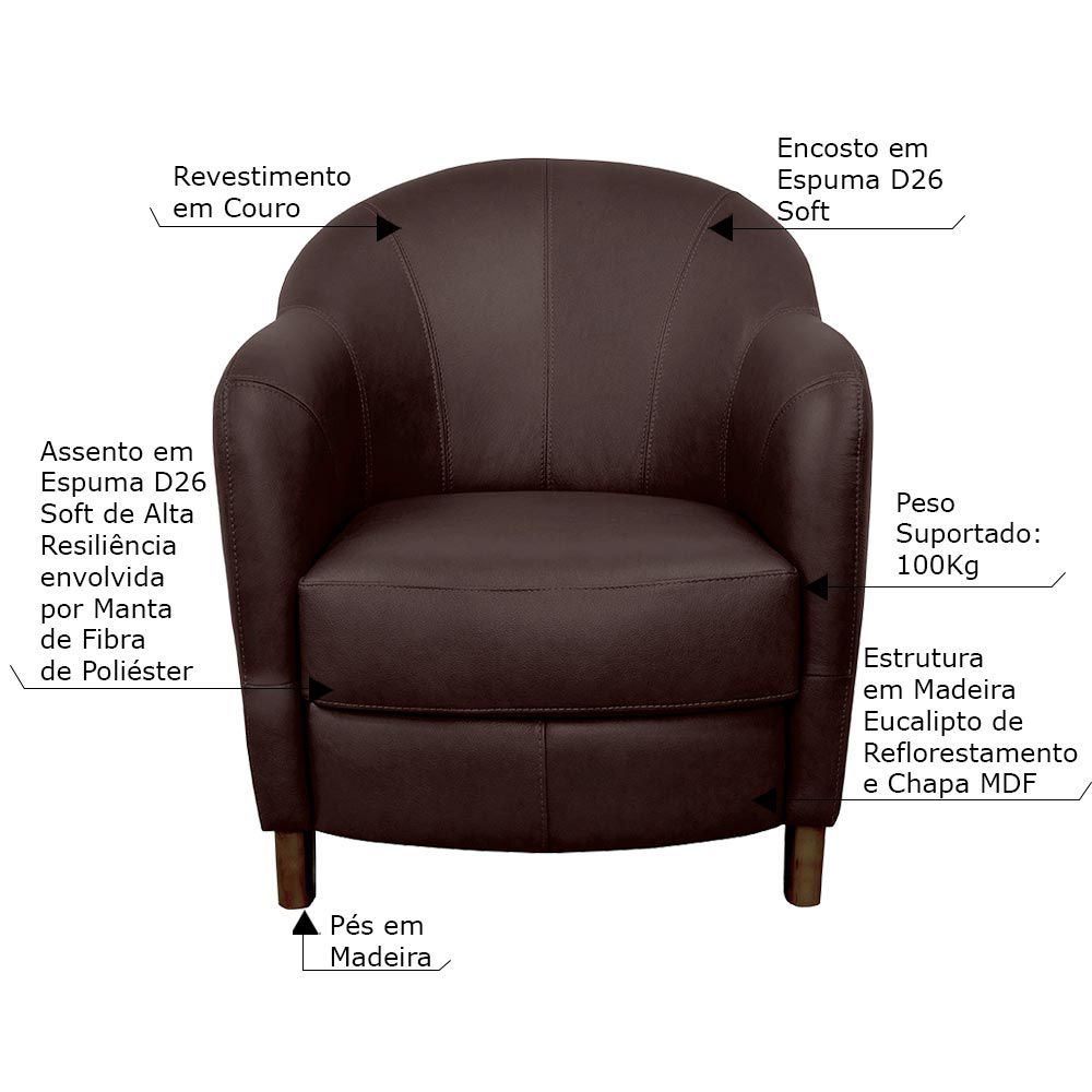 Kit 2 Poltronas Decorativas Sala de Estar Pés Madeira Kairós Couro Chocolate G03 - Gran Belo