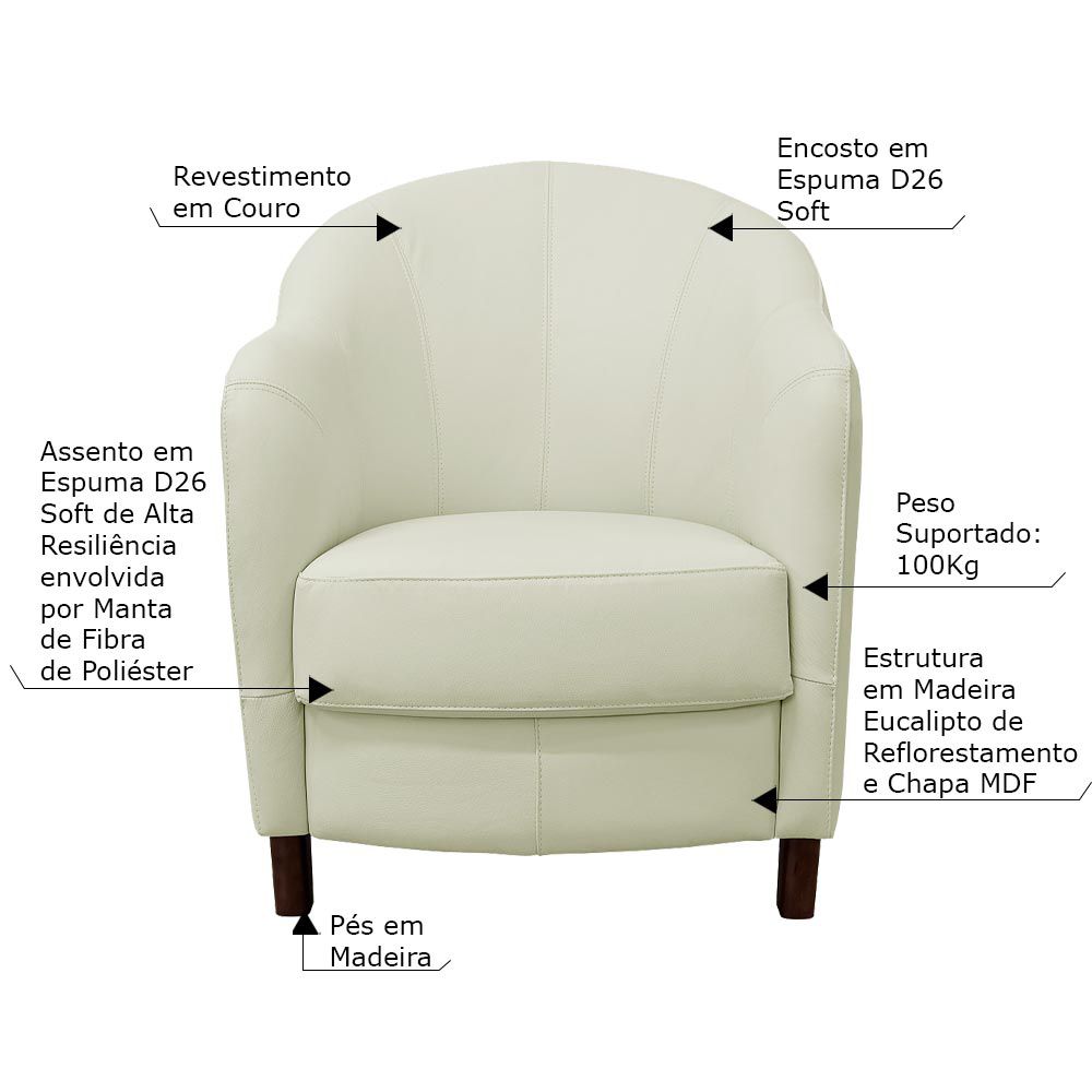 Kit 2 Poltronas Decorativas Sala de Estar Pés Madeira Kairós Couro Off White G03 - Gran Belo
