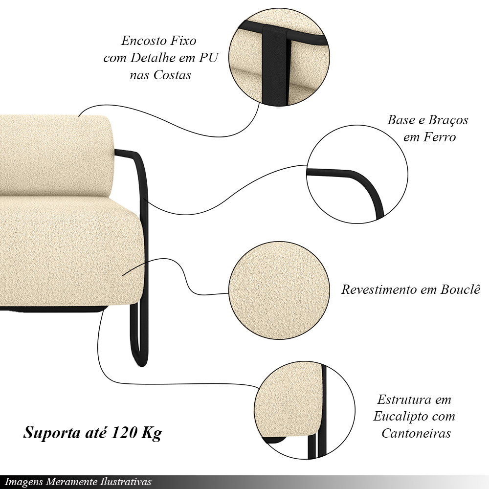 Kit 2 Poltronas Decorativas Sala de Estar Polatsk Base Industrial de Ferro Bouclê Bege G33 - Gran Belo