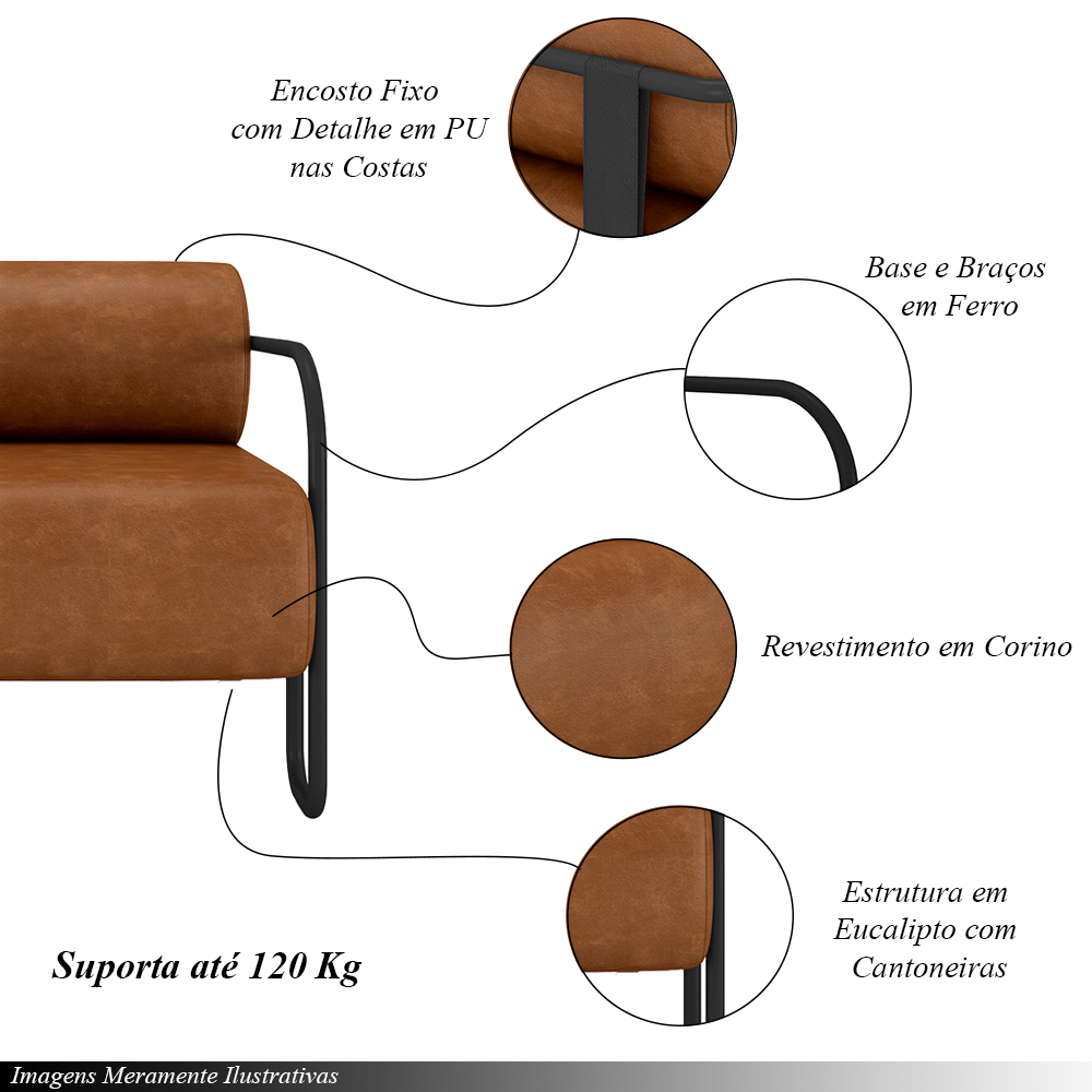 Kit 2 Poltronas Decorativas Sala de Estar Polatsk Base Industrial de Ferro PU Caramelo G33 - Gran Belo