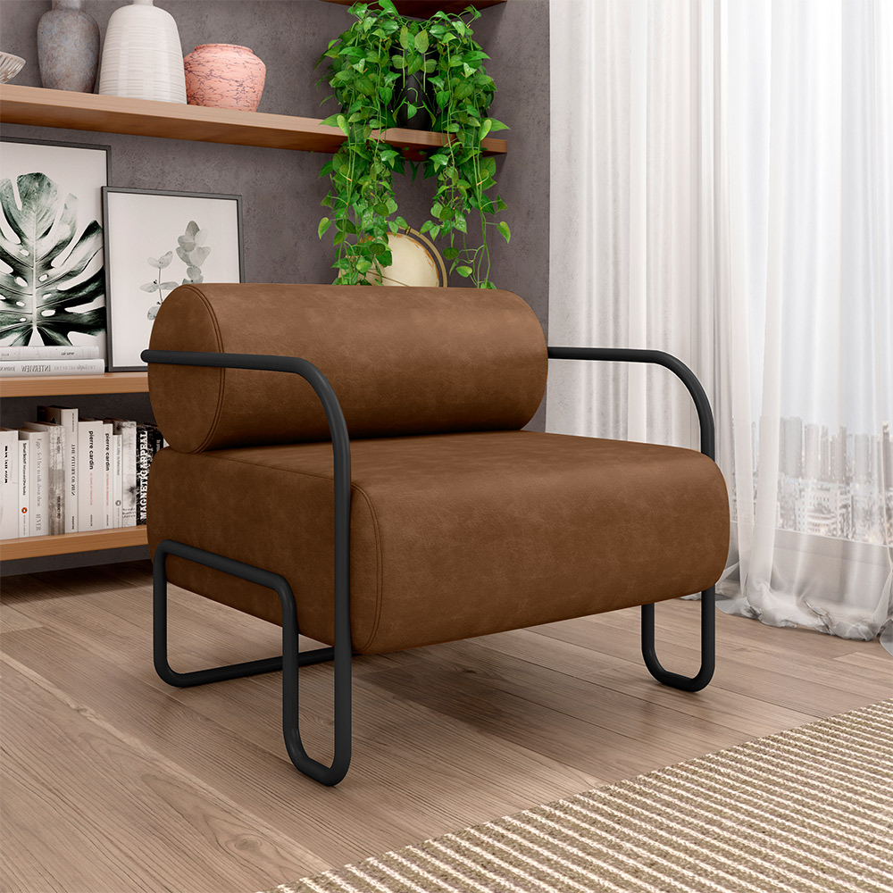 Kit 2 Poltronas Decorativas Sala de Estar Polatsk Base Industrial de Ferro PU Marrom G33 - Gran Belo