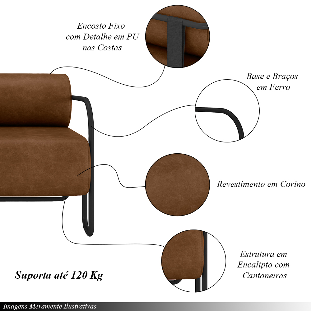 Kit 2 Poltronas Decorativas Sala de Estar Polatsk Base Industrial de Ferro PU Marrom G33 - Gran Belo
