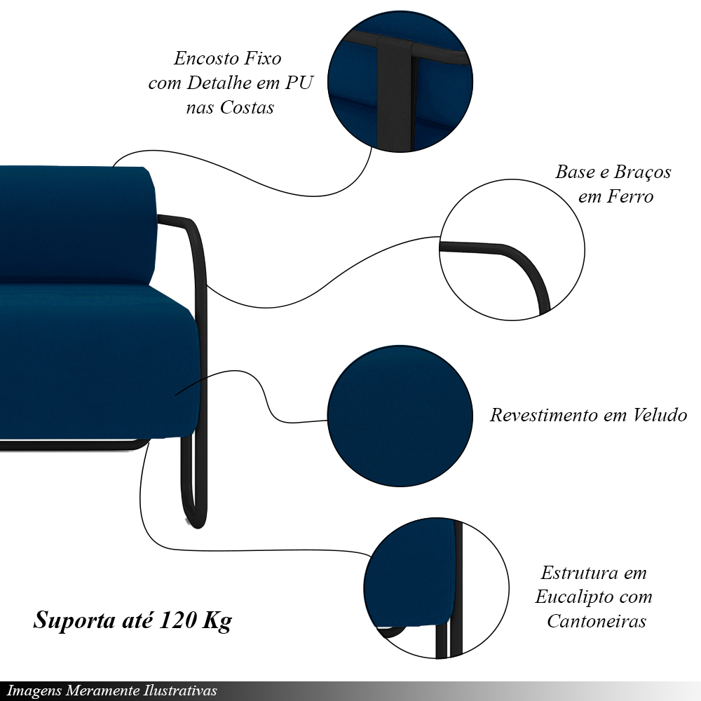Kit 2 Poltronas Decorativas Sala de Estar Polatsk Base Industrial de Ferro Veludo Azul G33 - Gran Belo