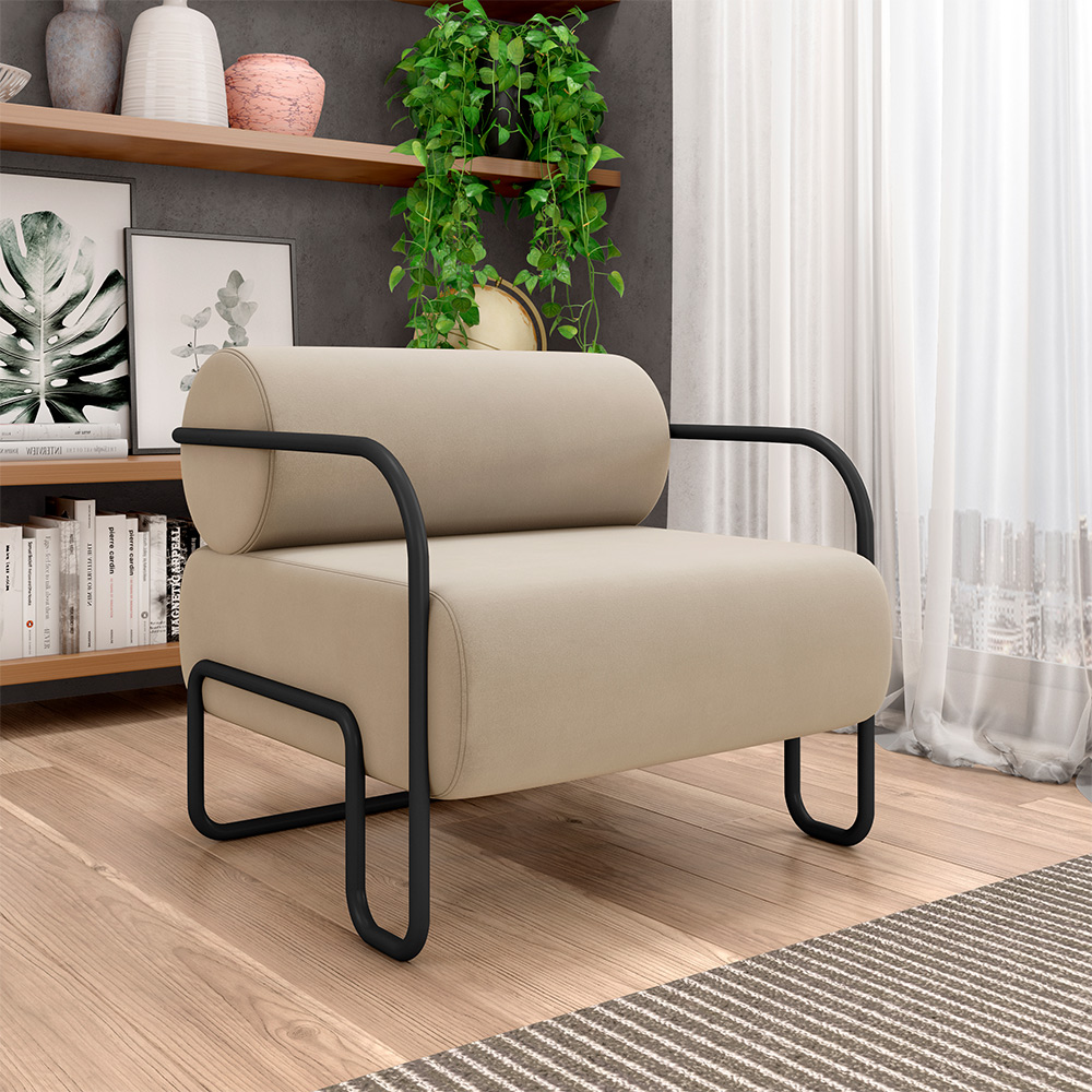 Kit 2 Poltronas Decorativas Sala de Estar Polatsk Base Industrial de Ferro Veludo Bege G33 - Gran Belo