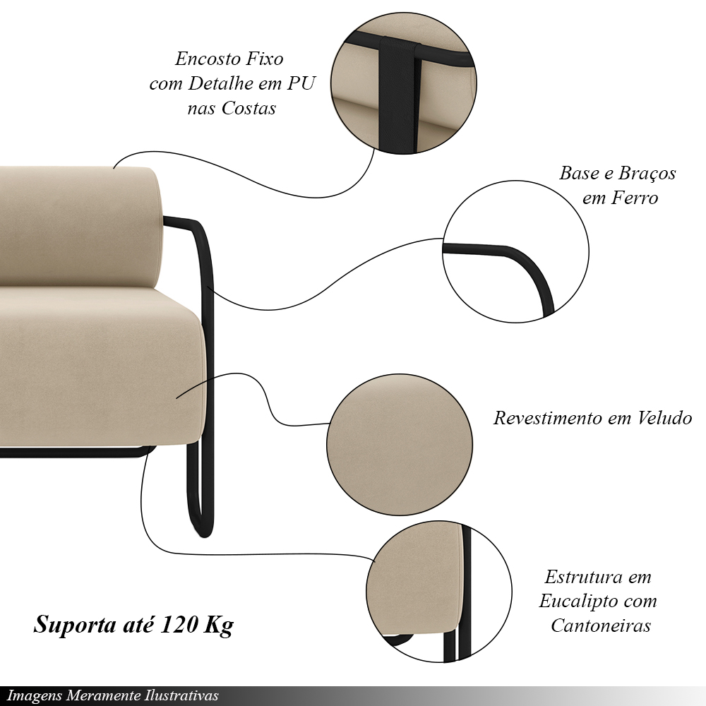 Kit 2 Poltronas Decorativas Sala de Estar Polatsk Base Industrial de Ferro Veludo Bege G33 - Gran Belo
