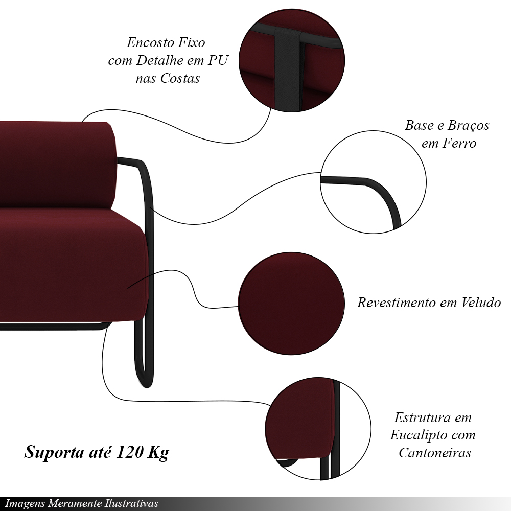 Kit 2 Poltronas Decorativas Sala de Estar Polatsk Base Industrial de Ferro Veludo Bordô G33 - Gran Belo