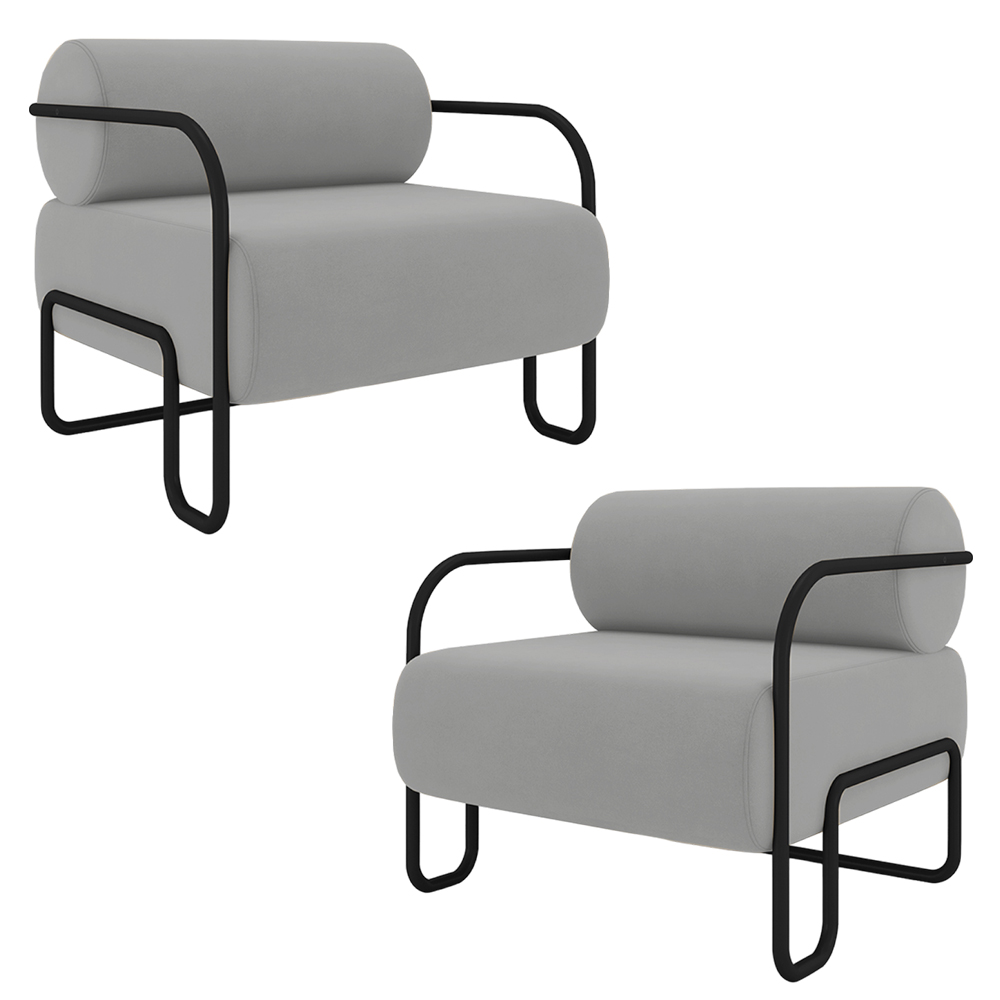 Kit 2 Poltronas Decorativas Sala de Estar Polatsk Base Industrial de Ferro Veludo Cinza Claro G33 - Gran Belo