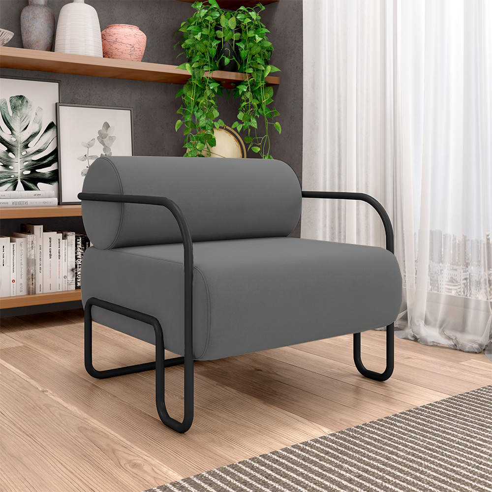 Kit 2 Poltronas Decorativas Sala de Estar Polatsk Base Industrial de Ferro Veludo Cinza G33 - Gran Belo
