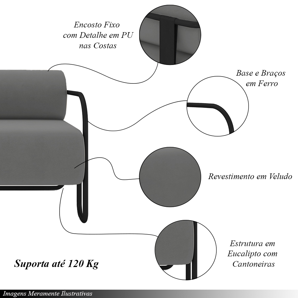 Kit 2 Poltronas Decorativas Sala de Estar Polatsk Base Industrial de Ferro Veludo Cinza G33 - Gran Belo