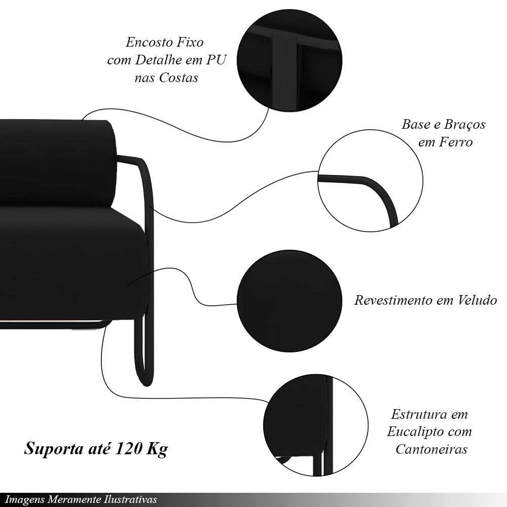Kit 2 Poltronas Decorativas Sala de Estar Polatsk Base Industrial de Ferro Veludo Preto G33 - Gran Belo