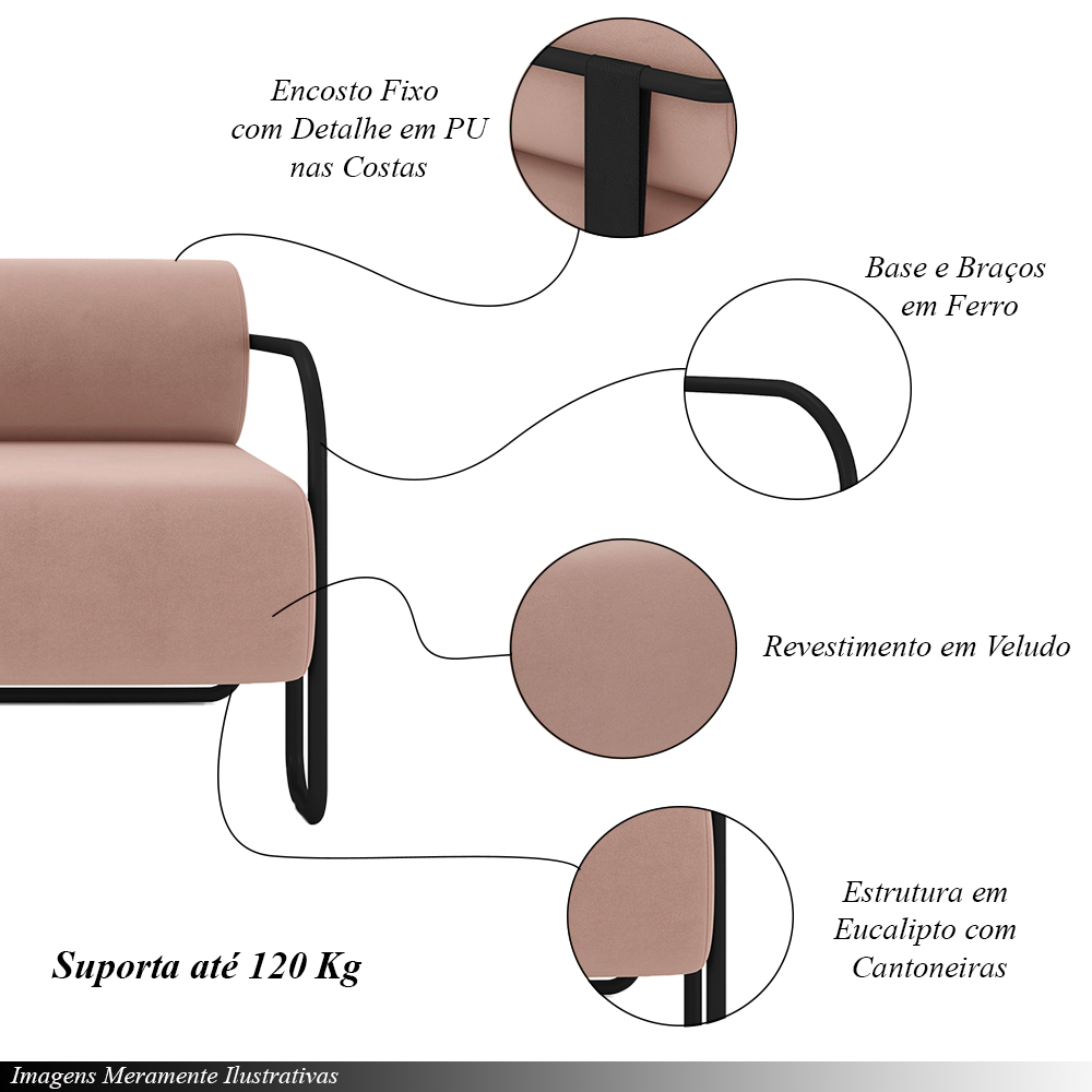Kit 2 Poltronas Decorativas Sala de Estar Polatsk Base Industrial de Ferro Veludo Rosê G33 - Gran Belo