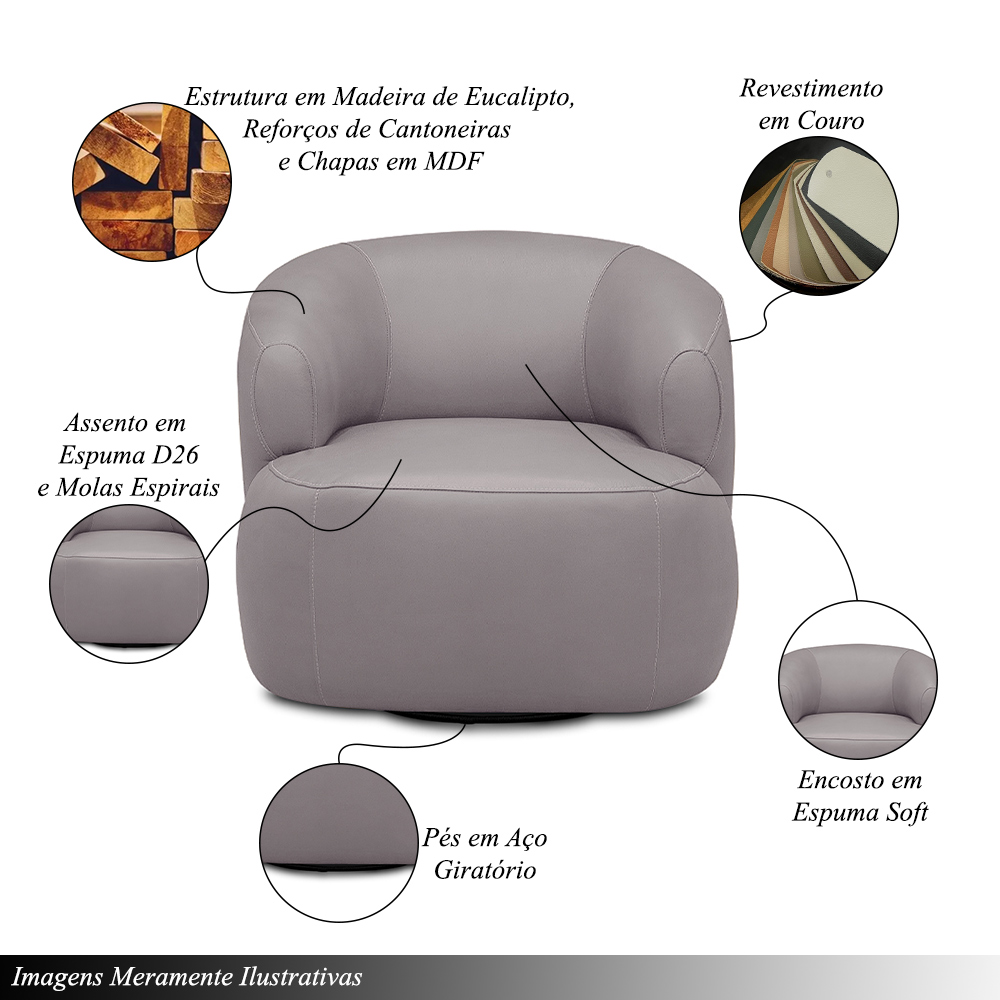 Kit 2 Poltronas Decorativas Verona Sala de Estar Base Giratória em Aço Couro Avelã G88 - Gran Belo