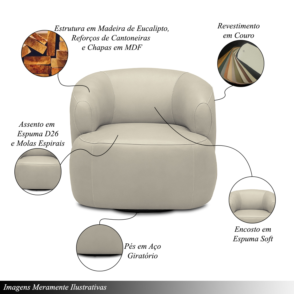 Kit 2 Poltronas Decorativas Verona Sala de Estar Base Giratória em Aço Couro Bege G88 - Gran Belo