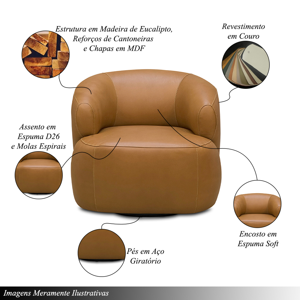 Kit 2 Poltronas Decorativas Verona Sala de Estar Base Giratória em Aço Couro Caramelo G88 - Gran Belo