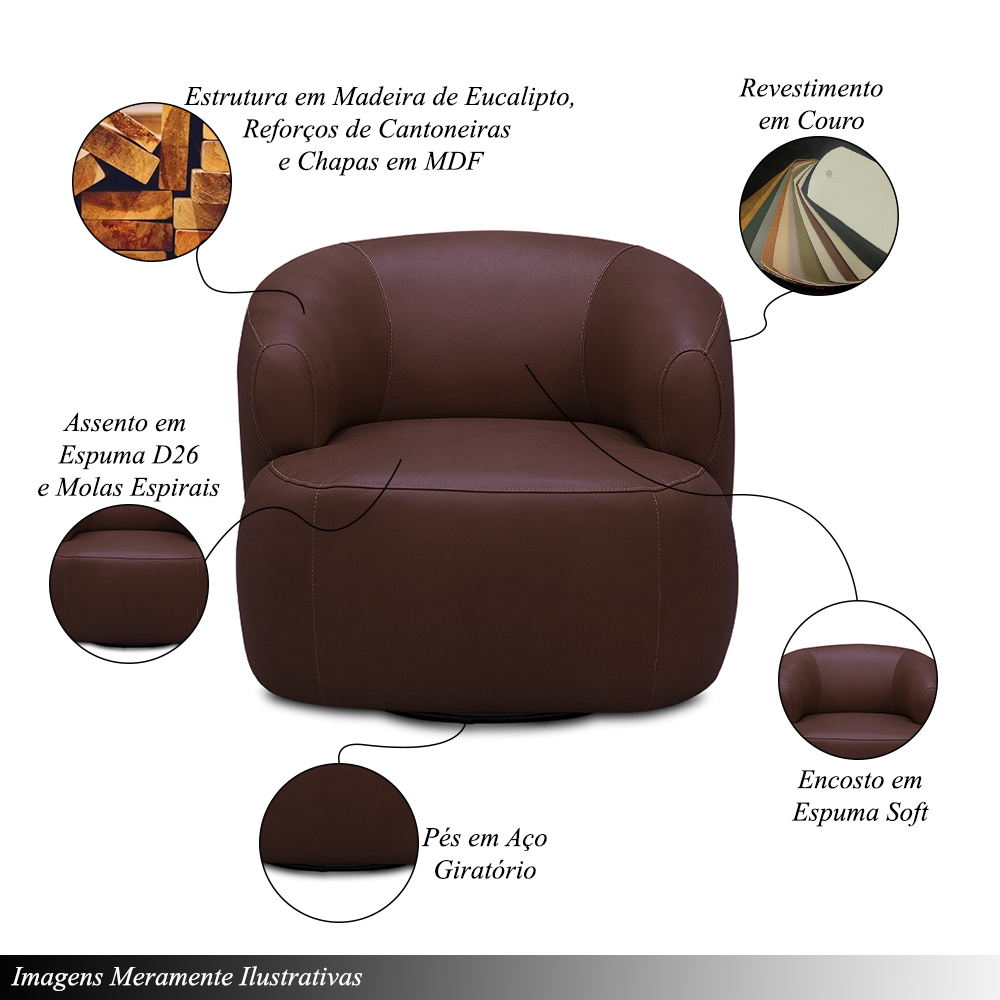 Kit 2 Poltronas Decorativas Verona Sala de Estar Base Giratória em Aço Couro Marrom Chocolate G88 - Gran Belo