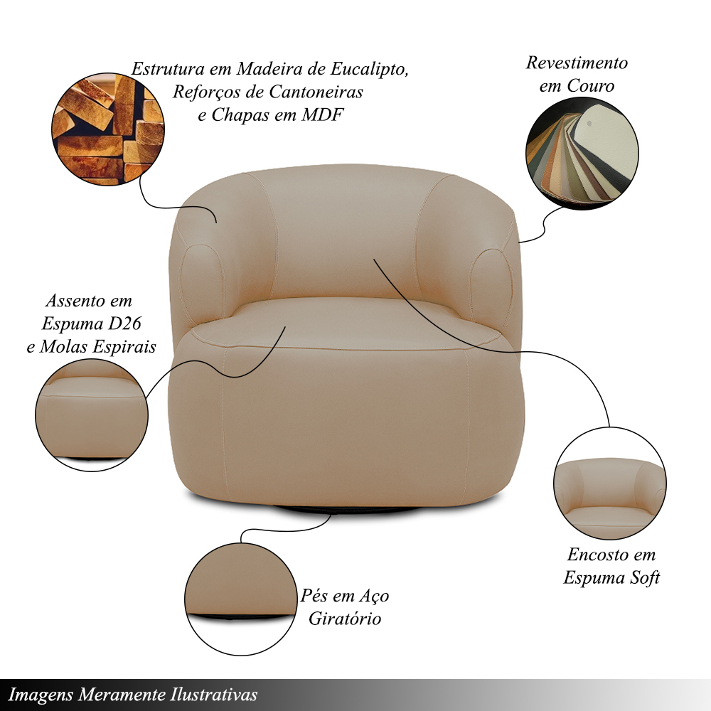 Kit 2 Poltronas Decorativas Verona Sala de Estar Base Giratória em Aço Couro Nude G88 - Gran Belo