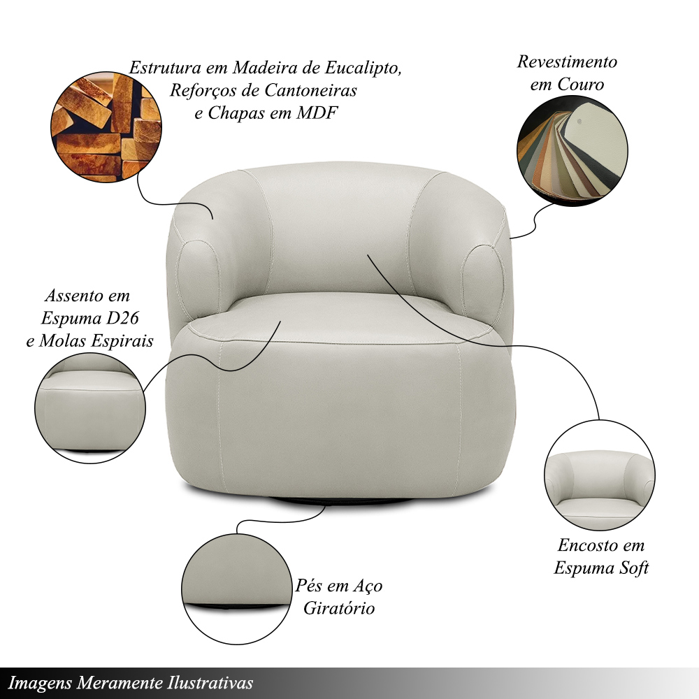Kit 2 Poltronas Decorativas Verona Sala de Estar Base Giratória em Aço Couro Off White G88 - Gran Belo