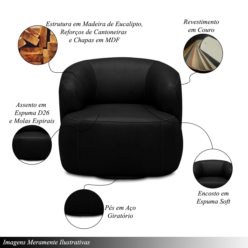 Kit 2 Poltronas Decorativas Verona Sala de Estar Base Giratória em Aço Couro Preto G88 - Gran Belo