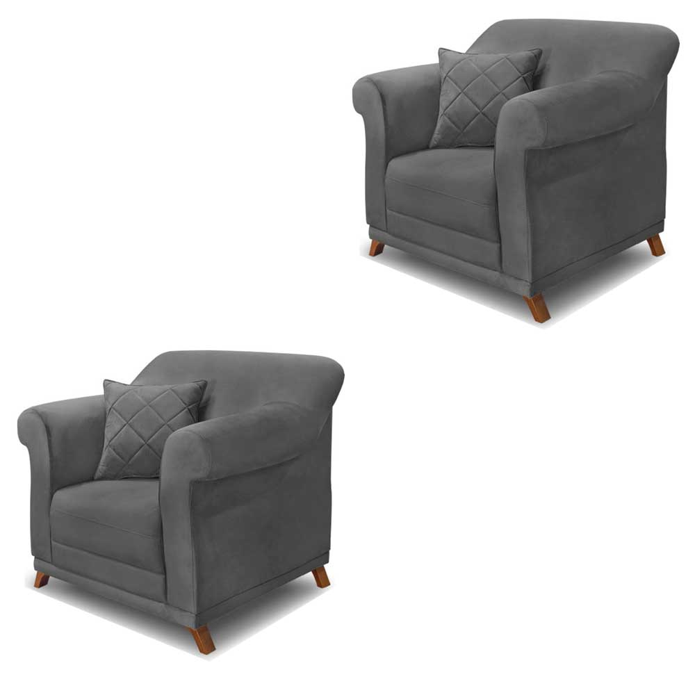 Kit 2 Poltronas Decorativas com 2 Almofadas Armstrong Suede Cinza G63 - Gran Belo