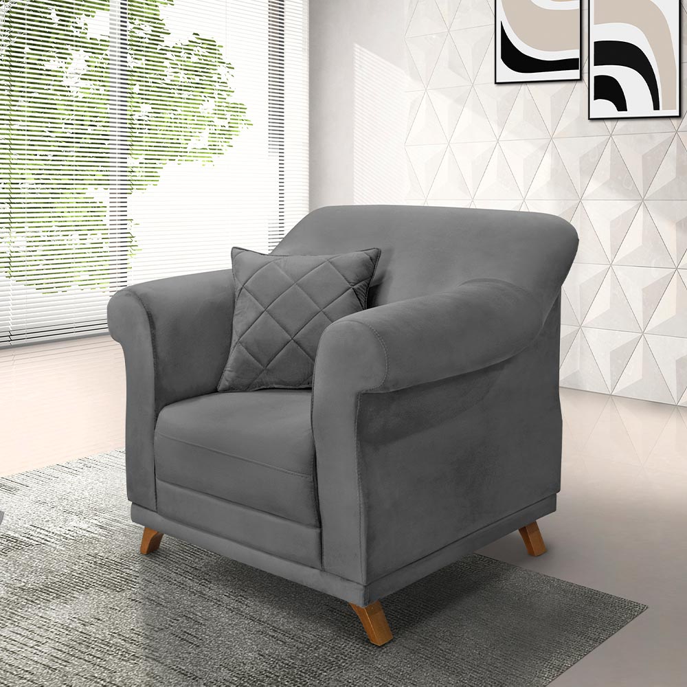 Kit 2 Poltronas Decorativas com 2 Almofadas Armstrong Suede Cinza G63 - Gran Belo