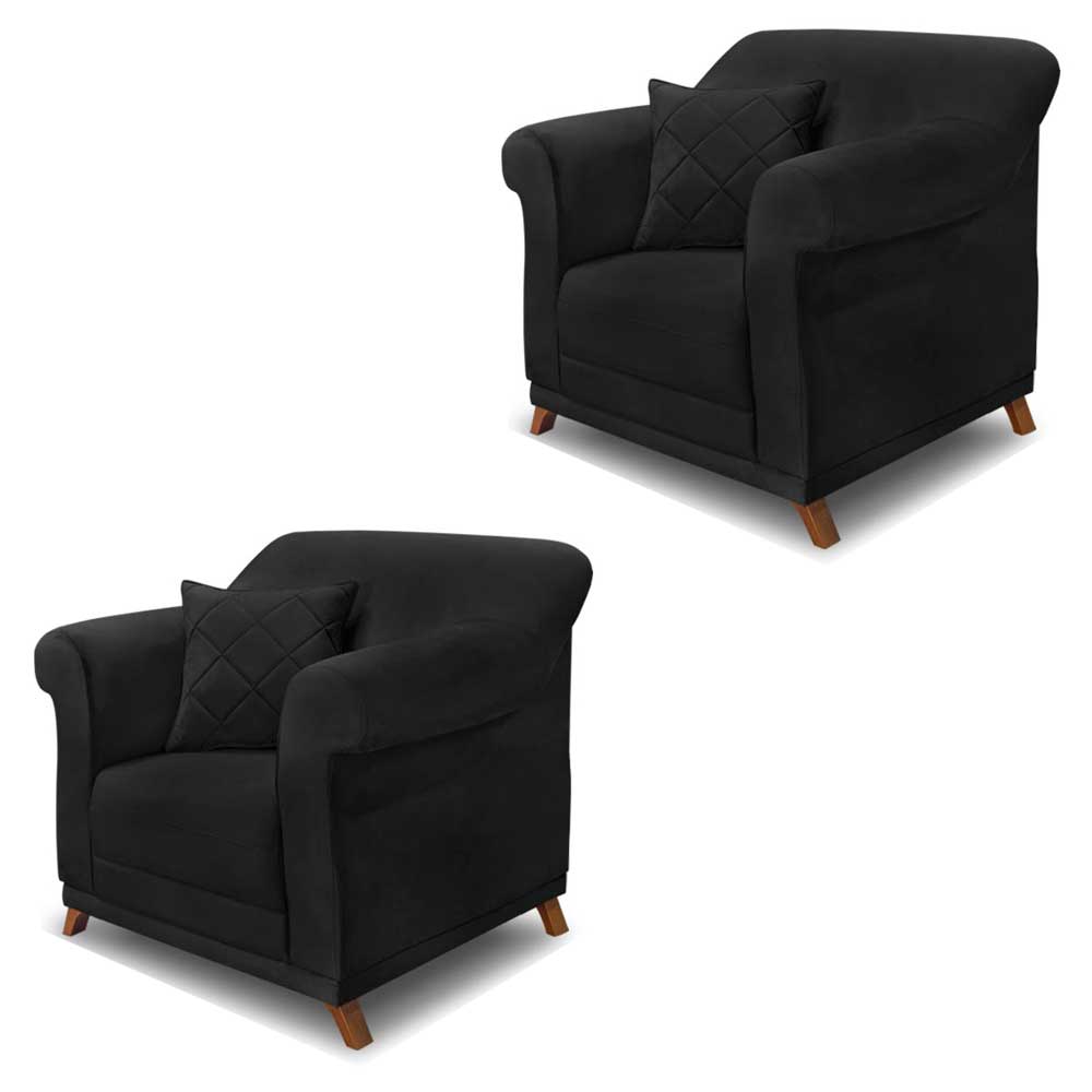 Kit 2 Poltronas Decorativas com 2 Almofadas Armstrong Suede Preto G63 - Gran Belo