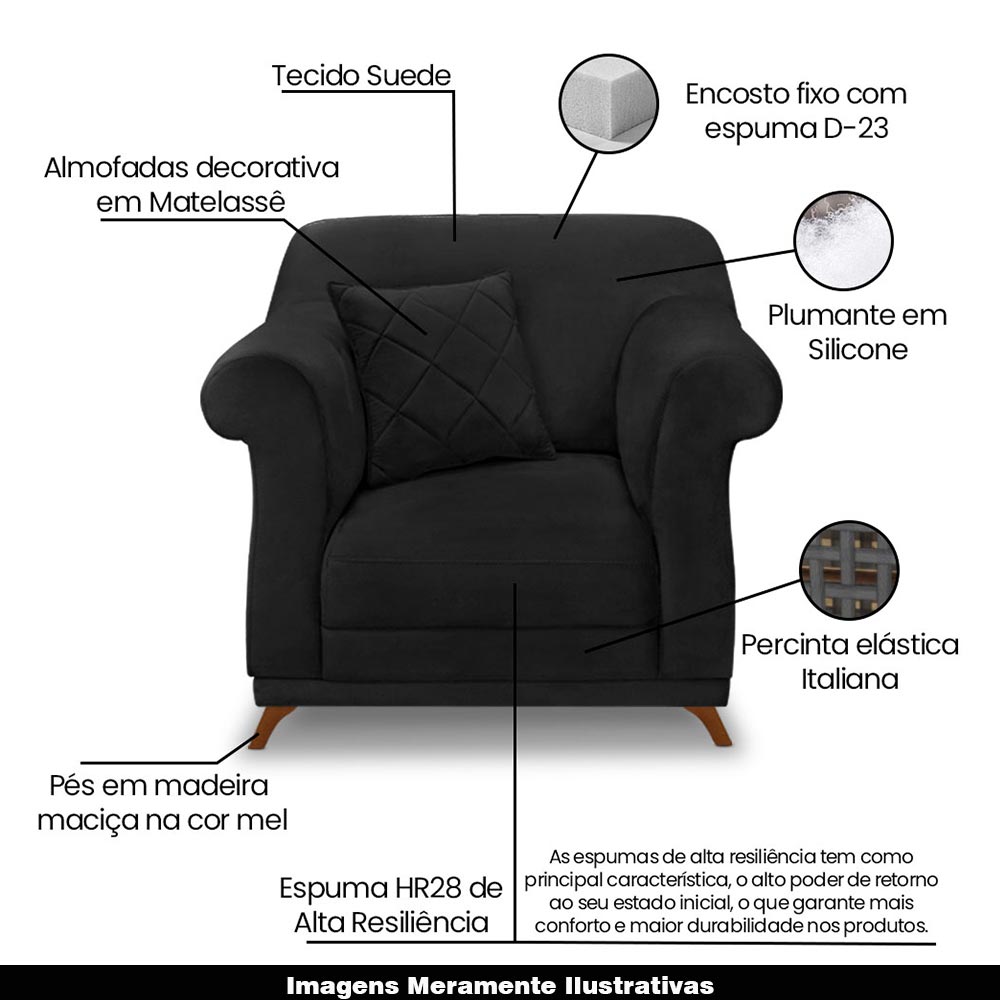 Kit 2 Poltronas Decorativas com 2 Almofadas Armstrong Suede Preto G63 - Gran Belo