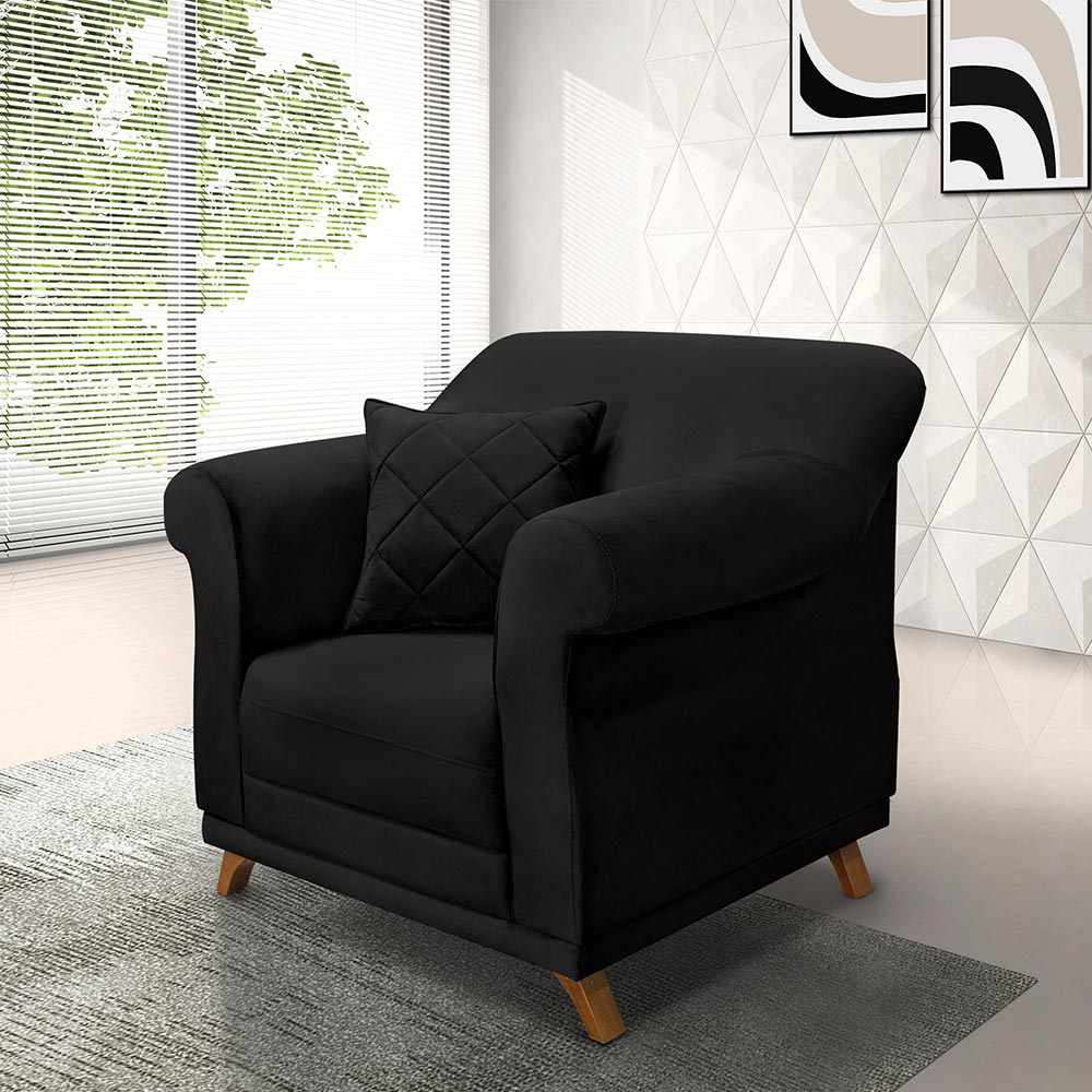 Kit 2 Poltronas Decorativas com 2 Almofadas Armstrong Suede Preto G63 - Gran Belo