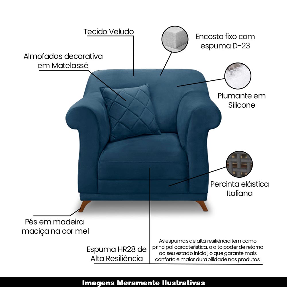 Kit 2 Poltronas Decorativas com 2 Almofadas Armstrong Veludo Azul Marinho G63 - Gran Belo