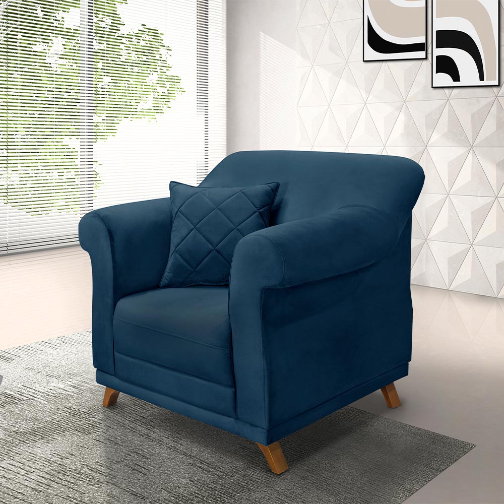 Kit 2 Poltronas Decorativas com 2 Almofadas Armstrong Veludo Azul Marinho G63 - Gran Belo