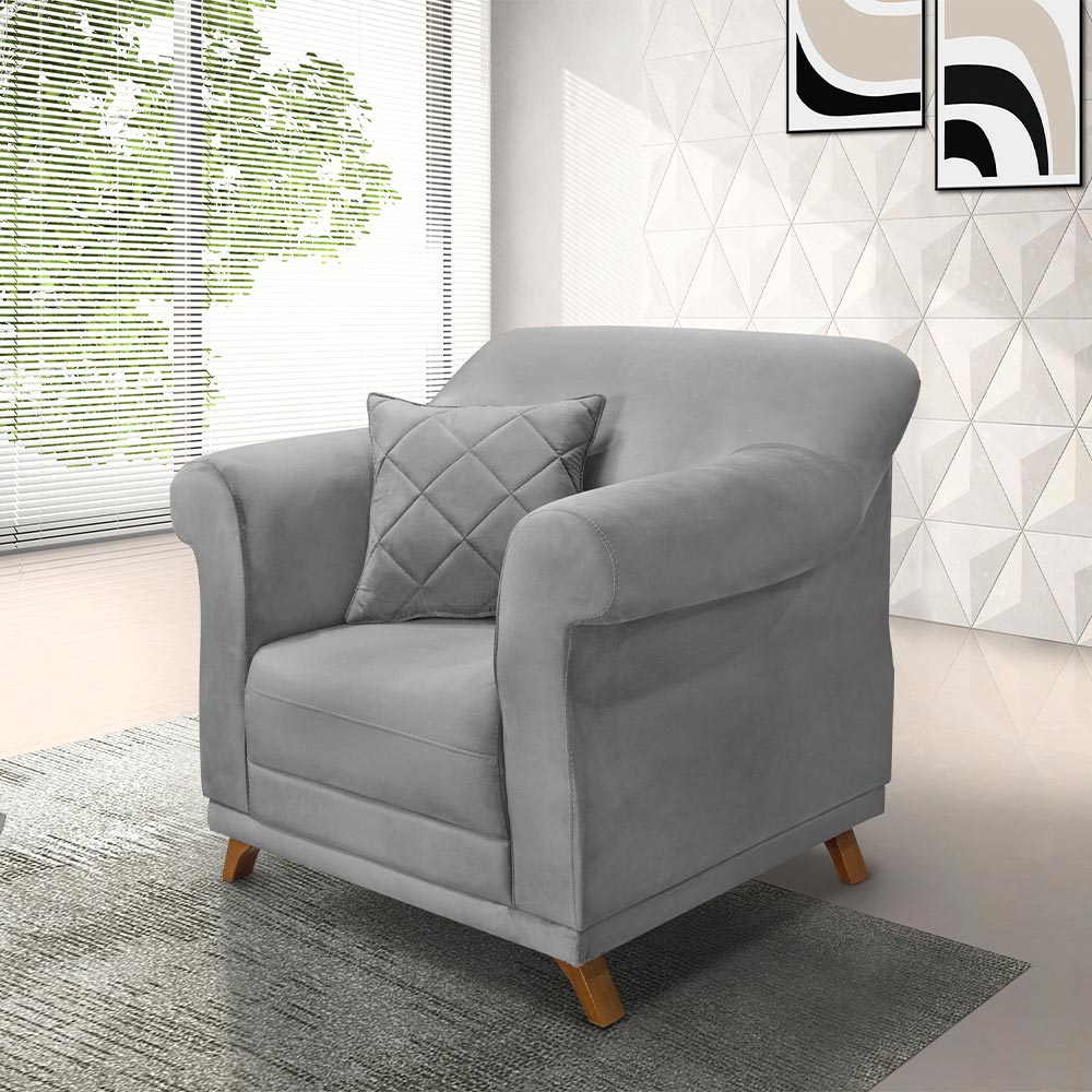 Kit 2 Poltronas Decorativas com 2 Almofadas Armstrong Veludo Cinza G63 - Gran Belo