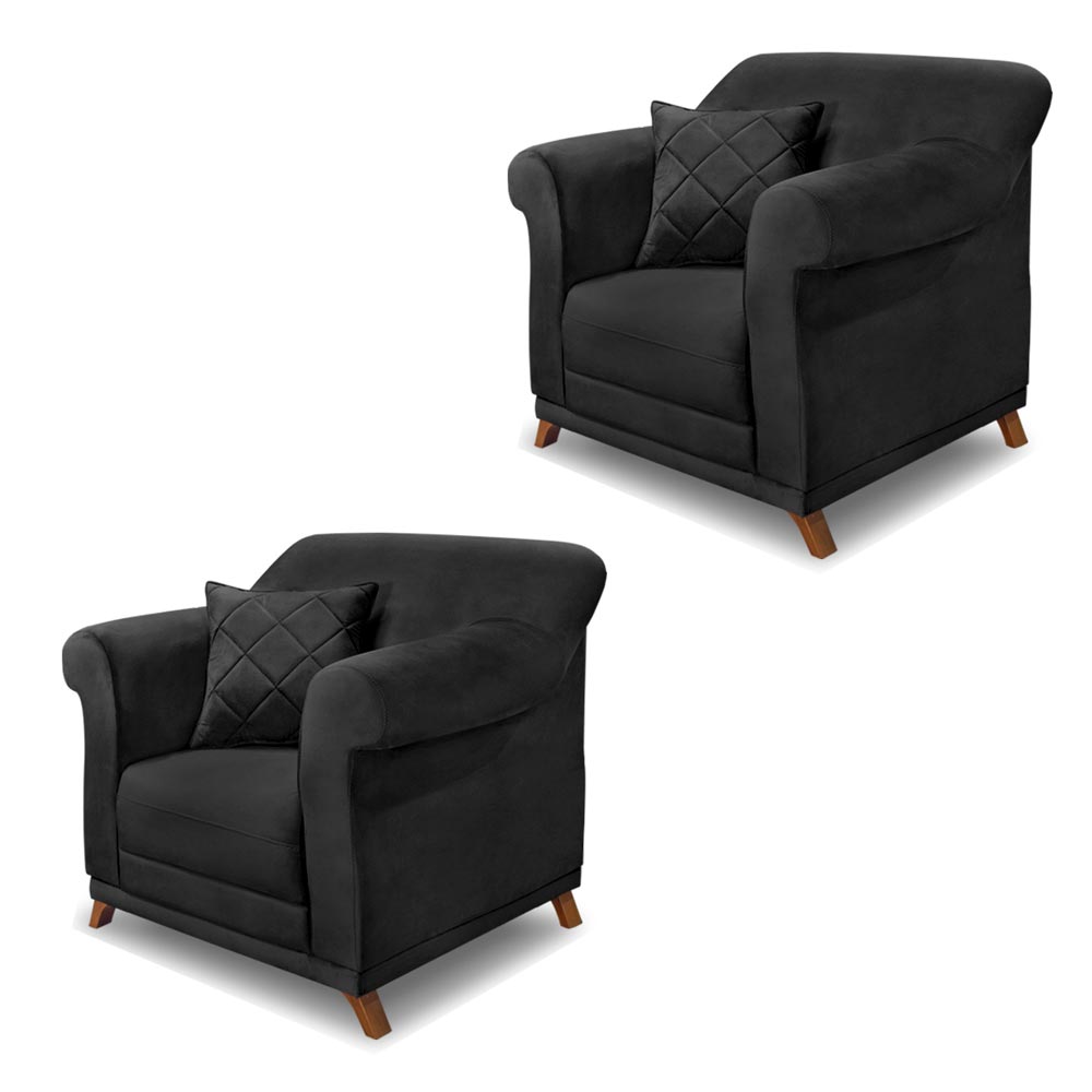 Kit 2 Poltronas Decorativas com 2 Almofadas Armstrong Veludo Preto G63 - Gran Belo