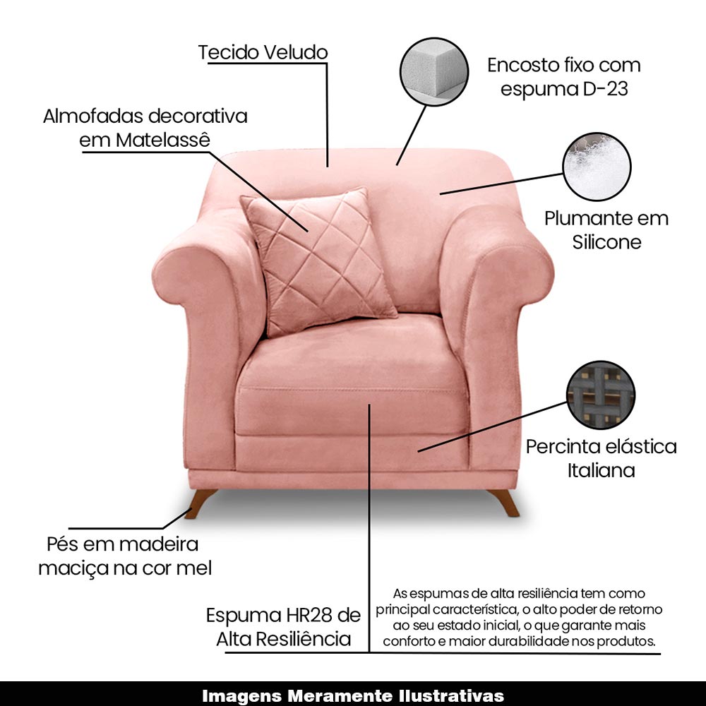 Kit 2 Poltronas Decorativas com 2 Almofadas Armstrong Veludo Rosa G63 - Gran Belo