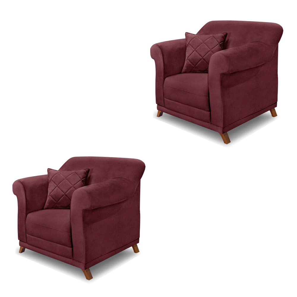 Kit 2 Poltronas Decorativas com 2 Almofadas Armstrong Veludo Vinho G63 - Gran Belo