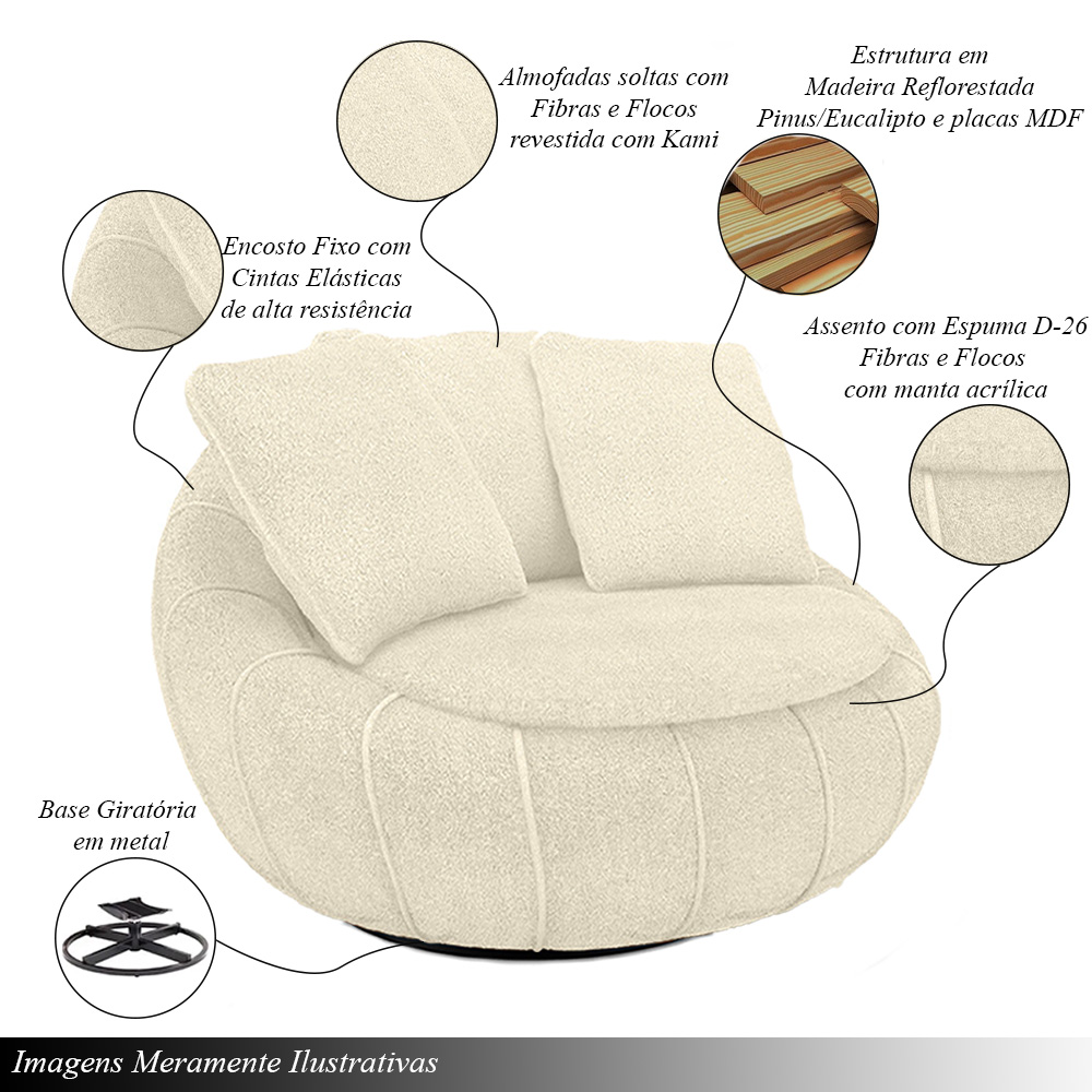 Kit 2 Poltronas Giratória Sala de Estar com Almofadas Afrodite Bege Bouclê G45 - Gran Belo