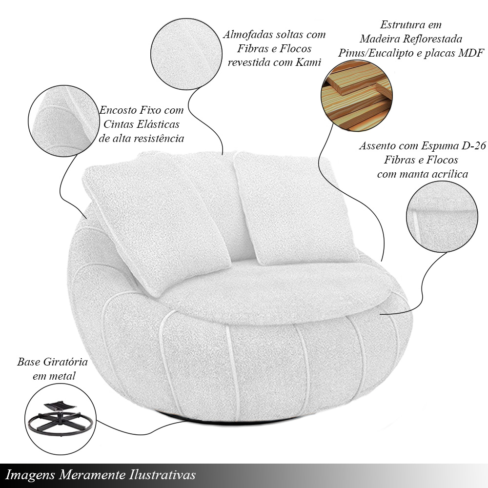 Kit 2 Poltronas Giratória Sala de Estar com Almofadas Afrodite Branco Bouclê G45 - Gran Belo