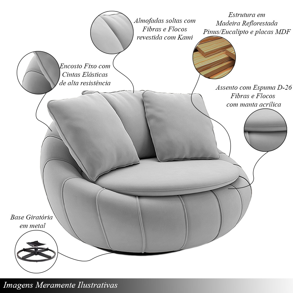Kit 2 Poltronas Giratória Sala de Estar com Almofadas Afrodite Cinza Veludo G45 - Gran Belo