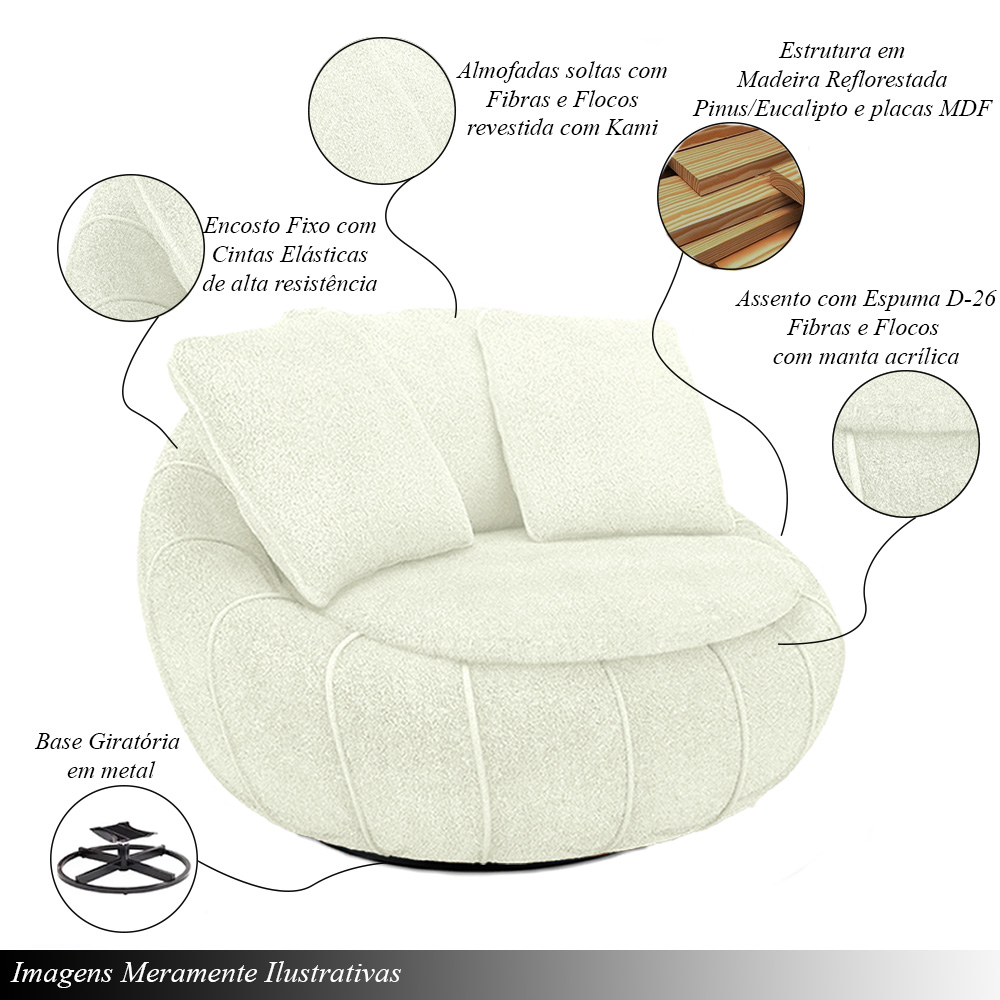 Kit 2 Poltronas Giratória Sala de Estar com Almofadas Afrodite Off White Bouclê G45 - Gran Belo