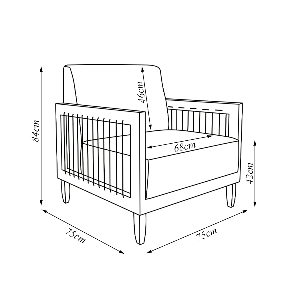 Kit 2 Poltronas Sala de Estar Pés Madeira Maciça Corda Náutica Preta 75cm Manila Linho Areia Rústico G63 - Gran Belo