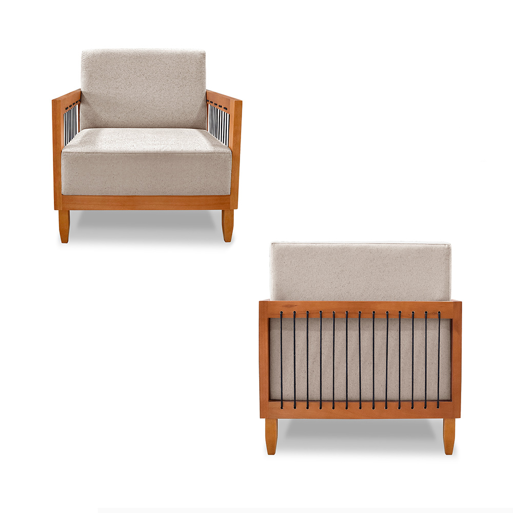 Kit 2 Poltronas Sala de Estar Pés Madeira Maciça Corda Náutica Preta 75cm Manila Linho Areia Rústico G63 - Gran Belo