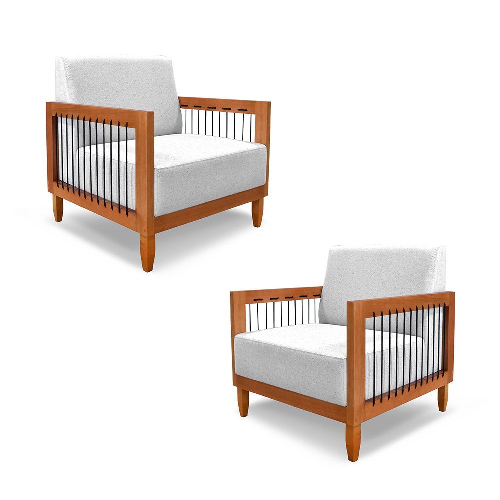 Kit 2 Poltronas Sala de Estar Pés Madeira Maciça Corda Náutica Preta 75cm Manila Linho Cinza Rústico G63 - Gran Belo