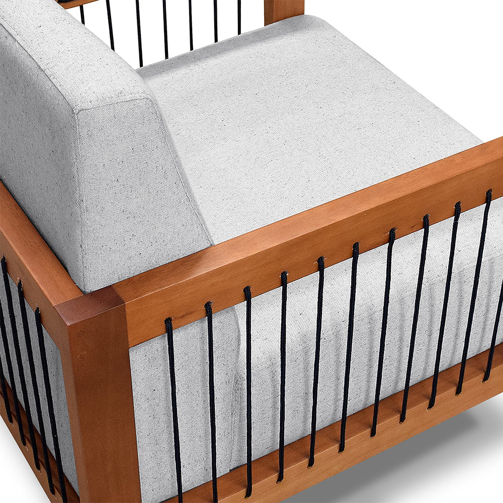 Kit 2 Poltronas Sala de Estar Pés Madeira Maciça Corda Náutica Preta 75cm Manila Linho Cinza Rústico G63 - Gran Belo