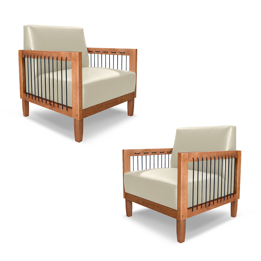 Kit 2 Poltronas Sala de Estar Pés Madeira Maciça Corda Náutica Preta 75cm Manila PU Bege G63 - Gran Belo