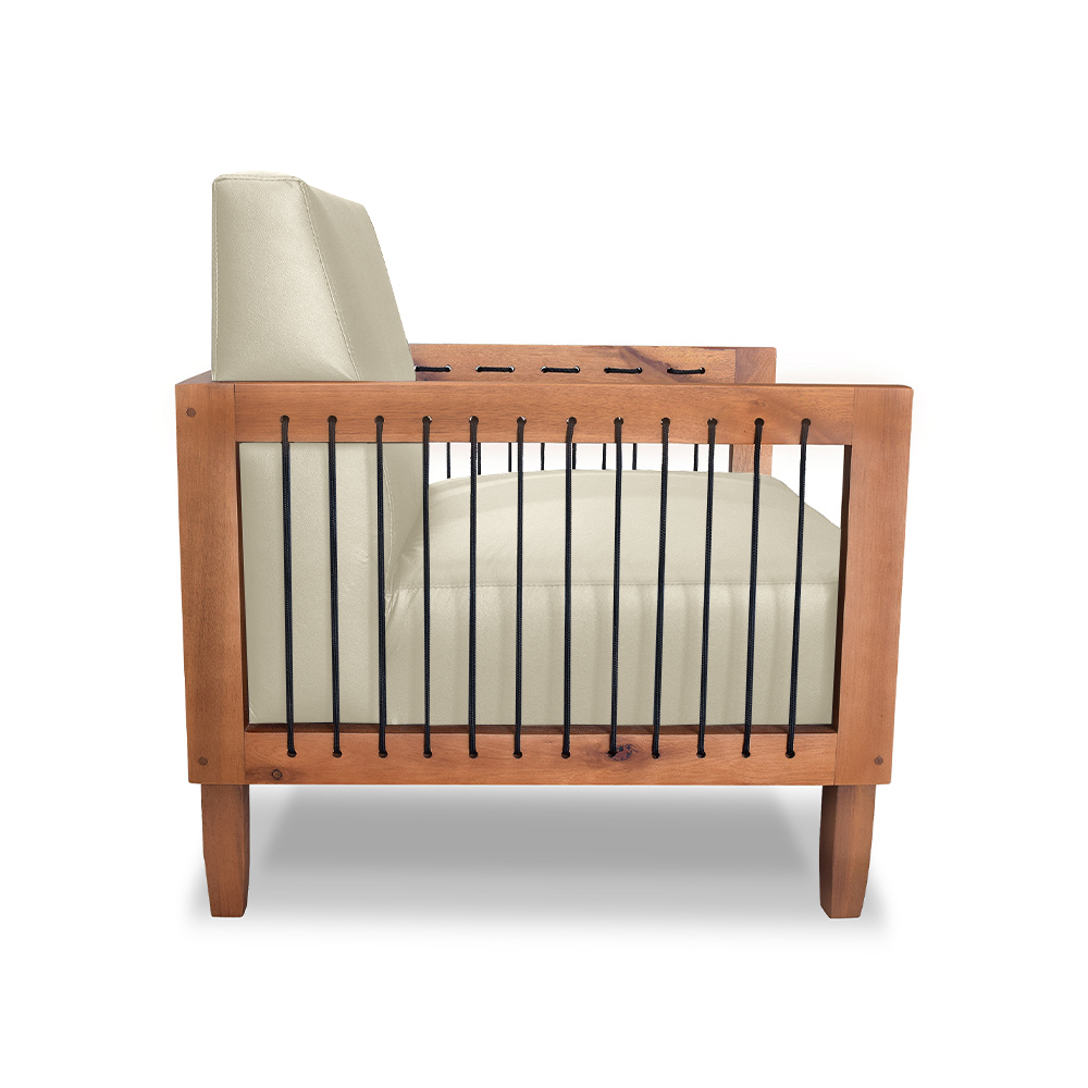 Kit 2 Poltronas Sala de Estar Pés Madeira Maciça Corda Náutica Preta 75cm Manila PU Bege G63 - Gran Belo