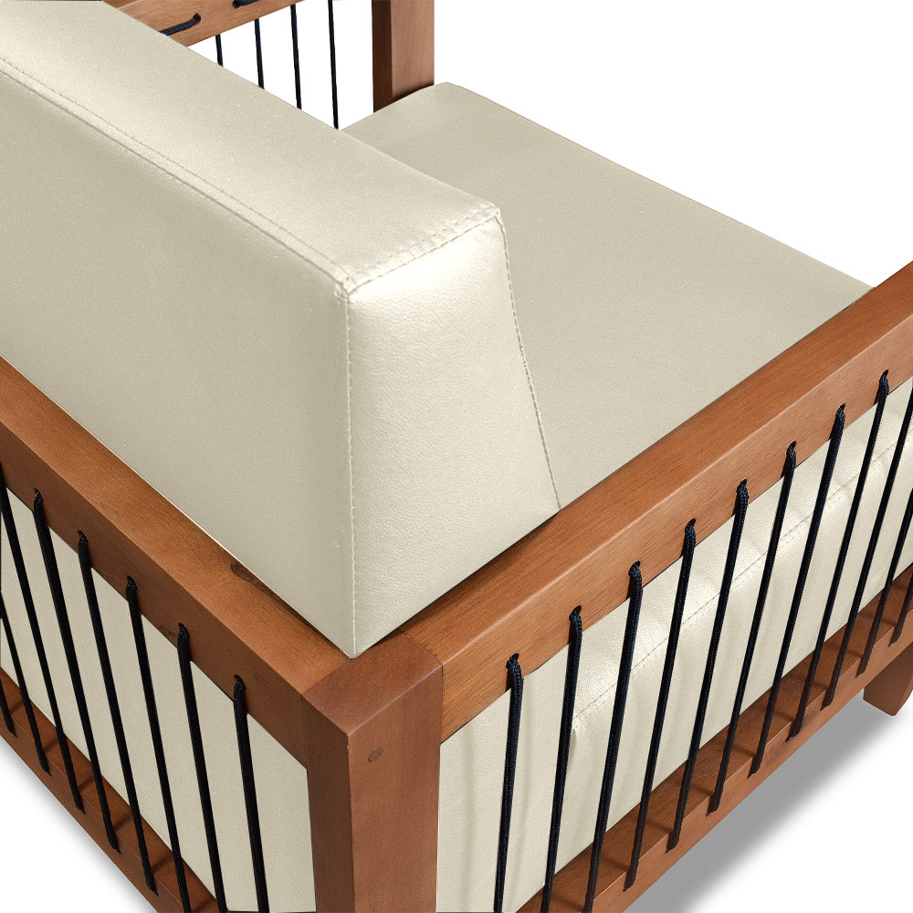 Kit 2 Poltronas Sala de Estar Pés Madeira Maciça Corda Náutica Preta 75cm Manila PU Bege G63 - Gran Belo