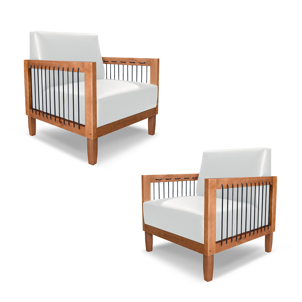 Kit 2 Poltronas Sala de Estar Pés Madeira Maciça Corda Náutica Preta 75cm Manila PU Branco G63 - Gran Belo