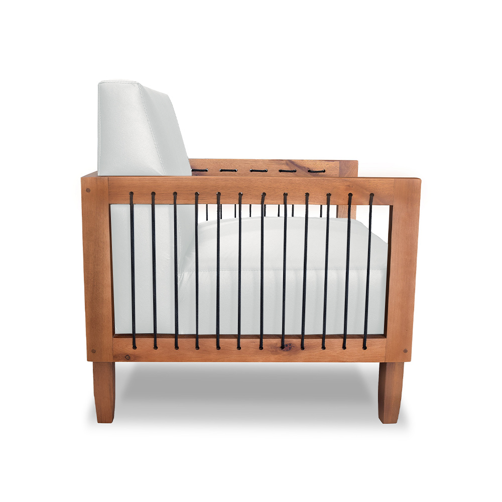 Kit 2 Poltronas Sala de Estar Pés Madeira Maciça Corda Náutica Preta 75cm Manila PU Branco G63 - Gran Belo