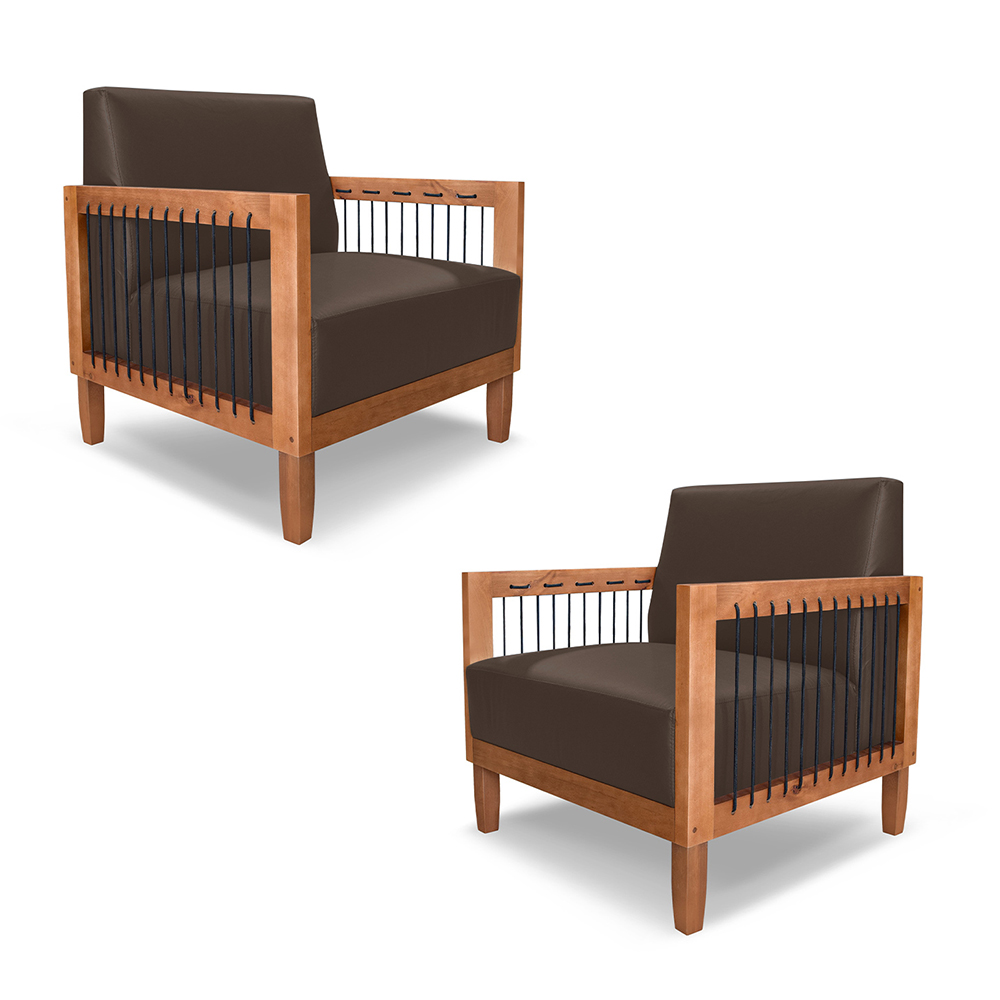 Kit 2 Poltronas Sala de Estar Pés Madeira Maciça Corda Náutica Preta 75cm Manila PU Marrom G63 - Gran Belo