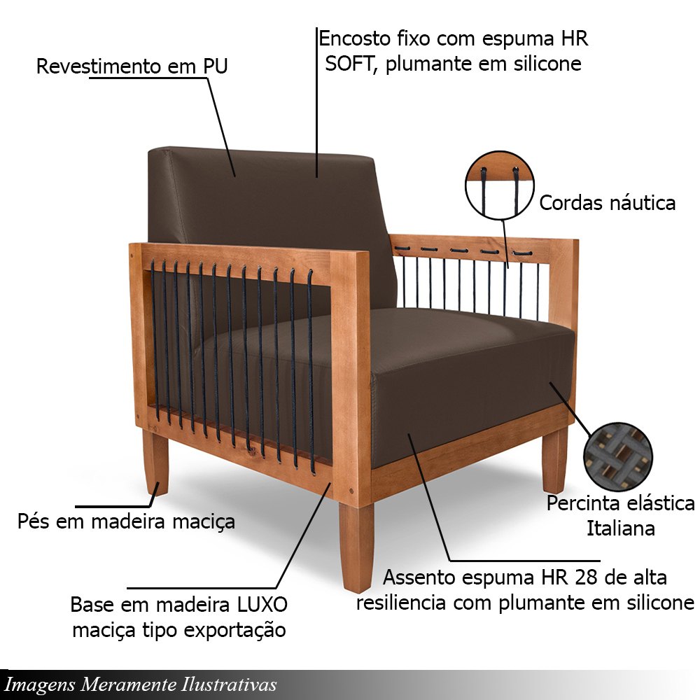 Kit 2 Poltronas Sala de Estar Pés Madeira Maciça Corda Náutica Preta 75cm Manila PU Marrom G63 - Gran Belo