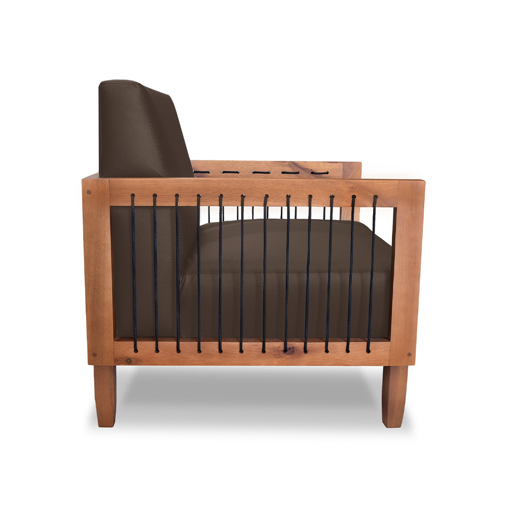Kit 2 Poltronas Sala de Estar Pés Madeira Maciça Corda Náutica Preta 75cm Manila PU Marrom G63 - Gran Belo