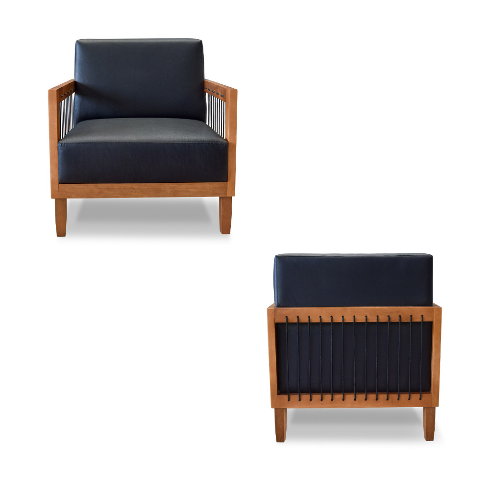 Kit 2 Poltronas Sala de Estar Pés Madeira Maciça Corda Náutica Preta 75cm Manila PU Preto G63 - Gran Belo